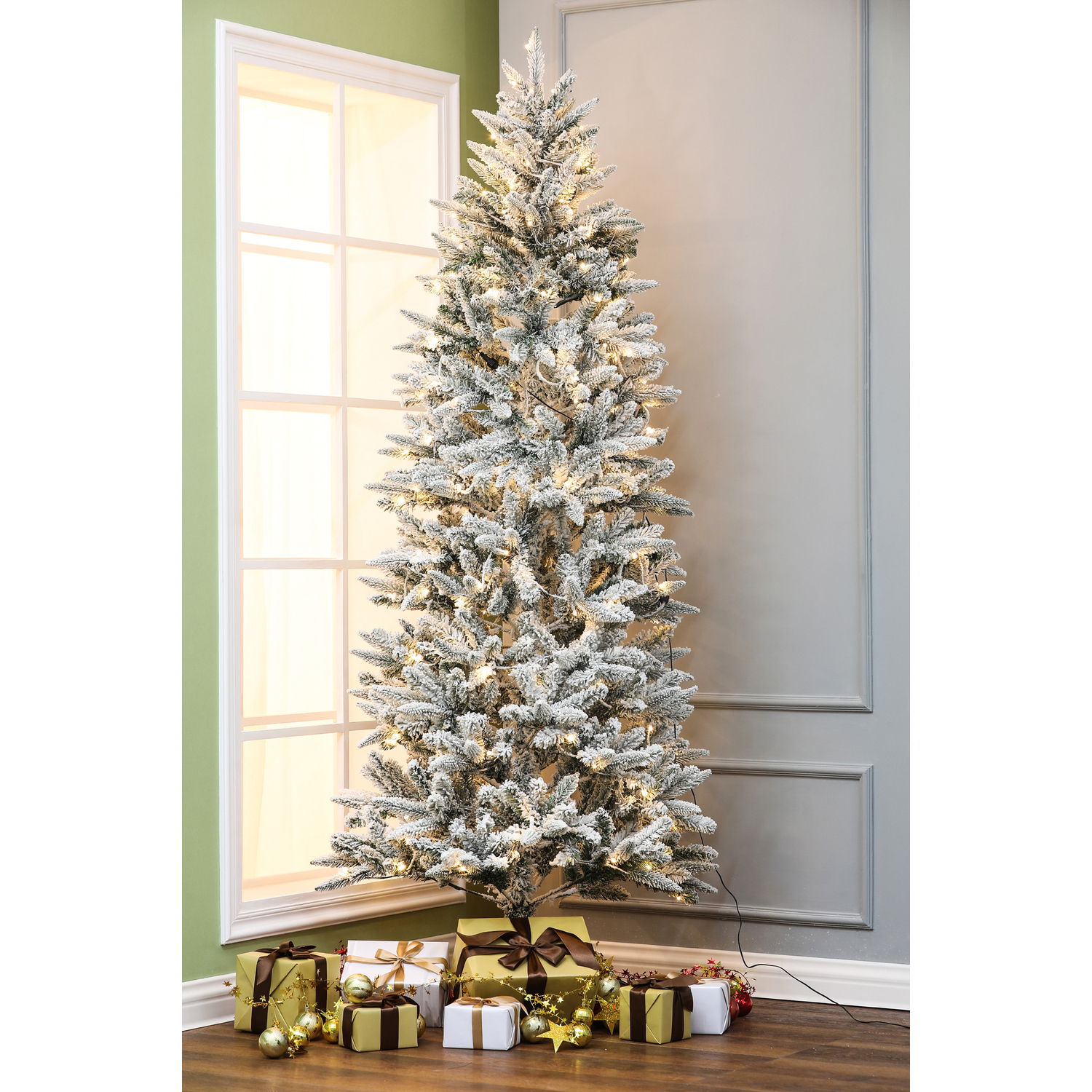 7ft Whispering Flocked Fir SlimPre-Lit Christmas Tree, Snow-Capped Artificial Christmas Tree with 250 String Lights