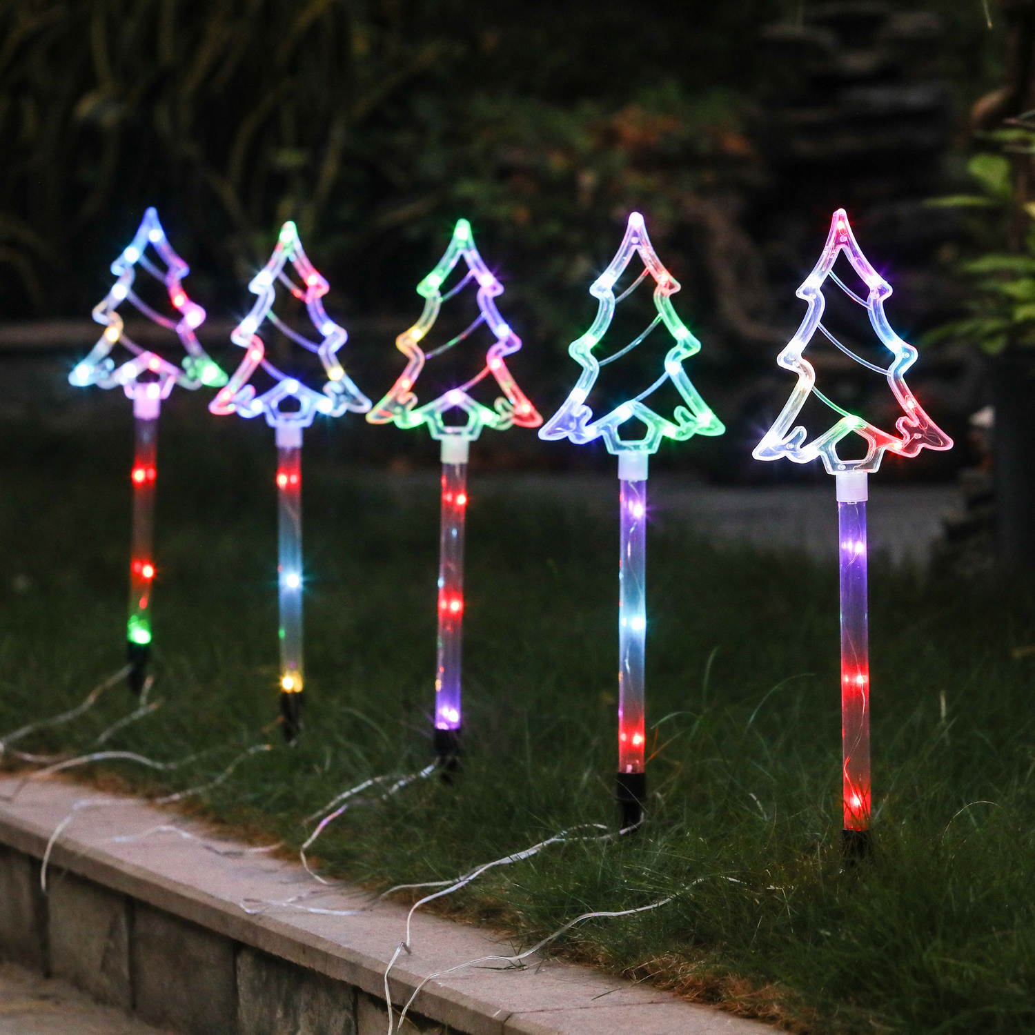 Set of 5 Multi-Color Lighted Christmas Tree Holiday Outdoor Stakes, Perfect for Lawn, Garden, or Yard Decorations this Holiday Season