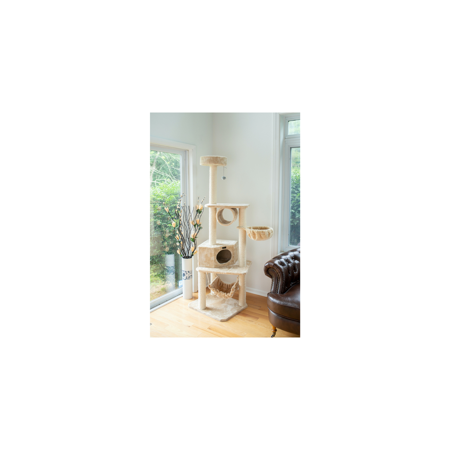 Tower Cat Tree -Faux Fur Cat Furniture with Basket & Hammock - 36