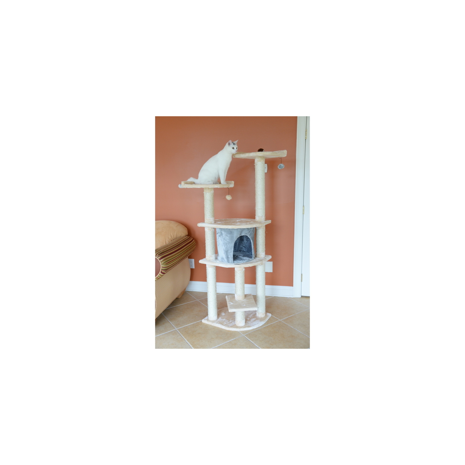 Cat Tree with Scratching Posts & Playhouse - Soft Faux Fur Perches for Cats - Almond