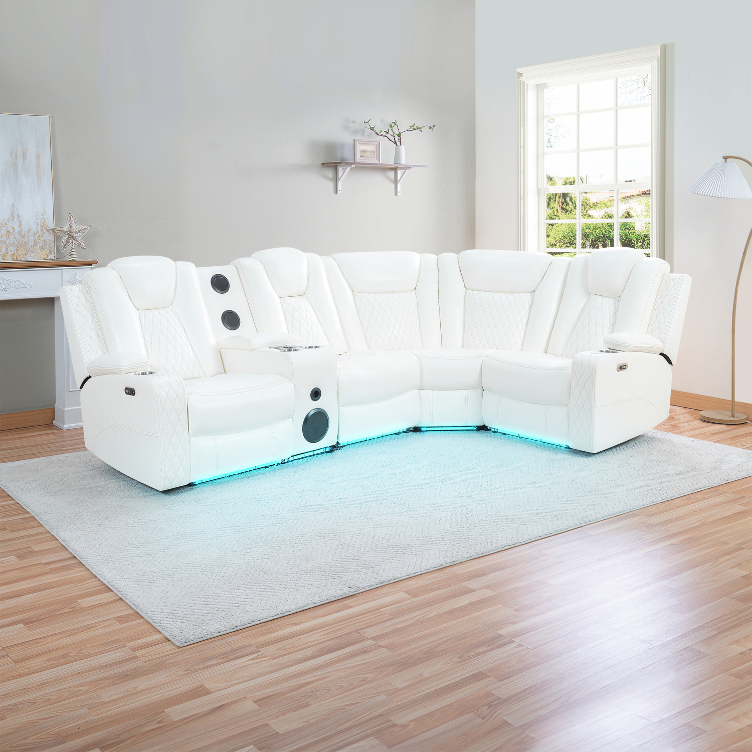 Naomi Home Chicago Deluxe Theater Style motion with Adjustable Headrest, Corner Sofa 5 Seater,Air Leather,White