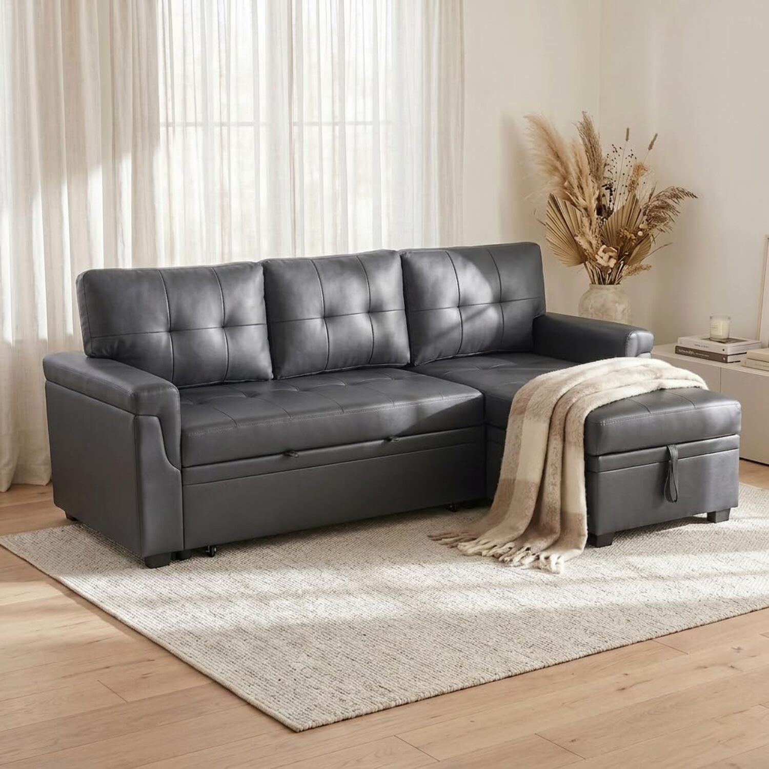 Reversible Sleeper Sectional Sofa with Storage Chaise, Laura Collection - Naomi Home Air Leather,Dark Gray