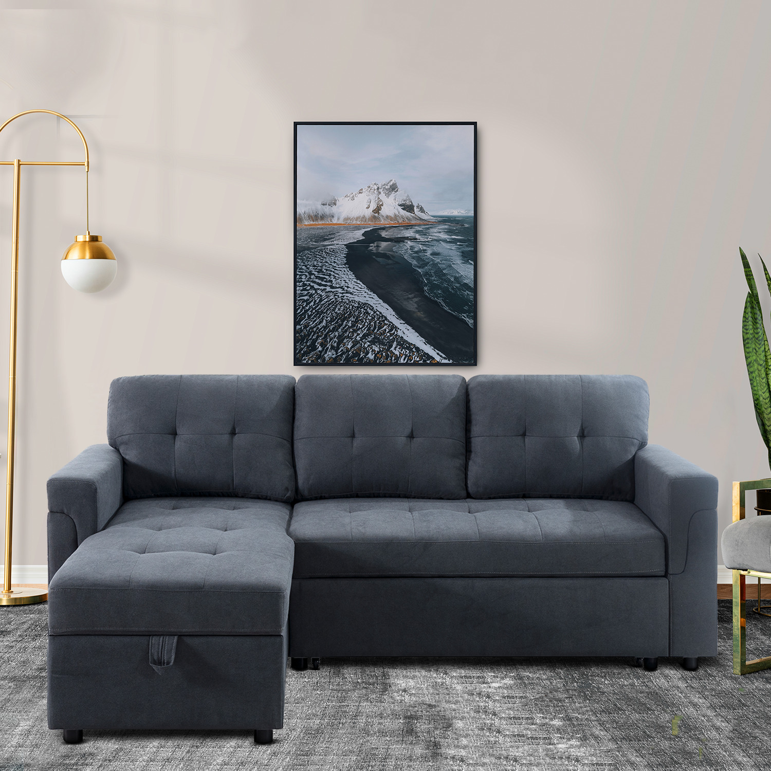 Reversible Sleeper Sectional Sofa with Storage Chaise, Laura Collection - Naomi Home Dark Gray,Velvet