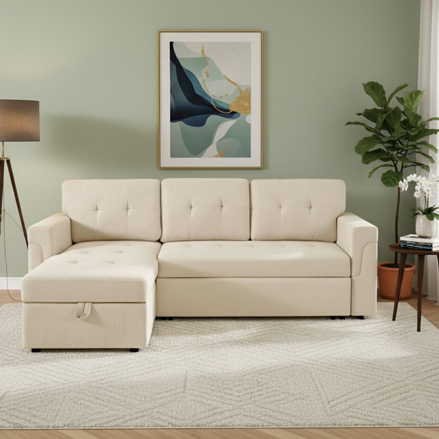 Reversible Sleeper Sectional Sofa with Storage Chaise, Laura Collection - Naomi Home Beige,Velvet