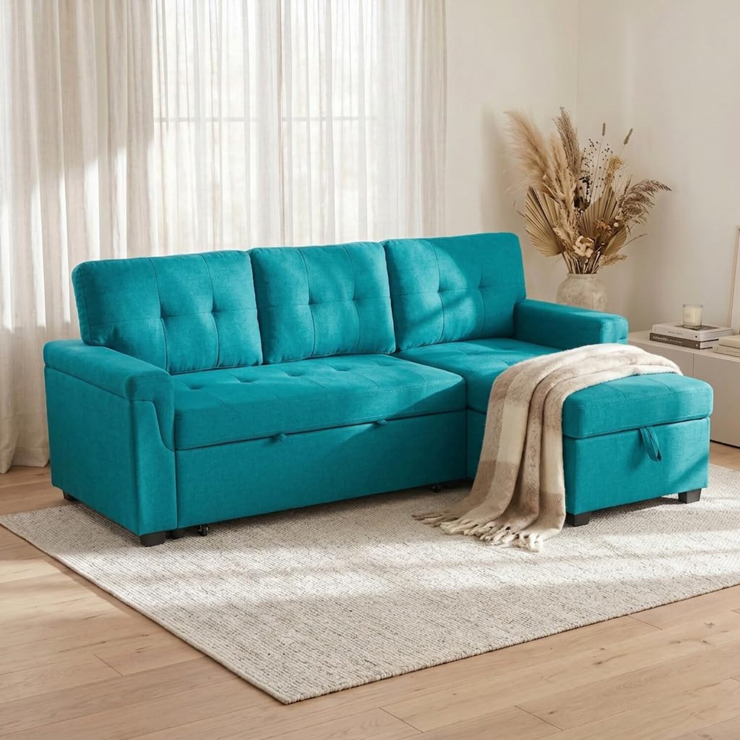 Reversible Sleeper Sectional Sofa with Storage Chaise, Laura Collection - Naomi Home Teal,Velvet