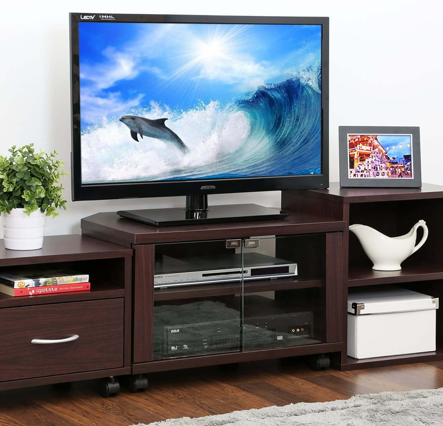 Furinno Indo Petite TV Stand With Double Glass Doors And Casters 72.