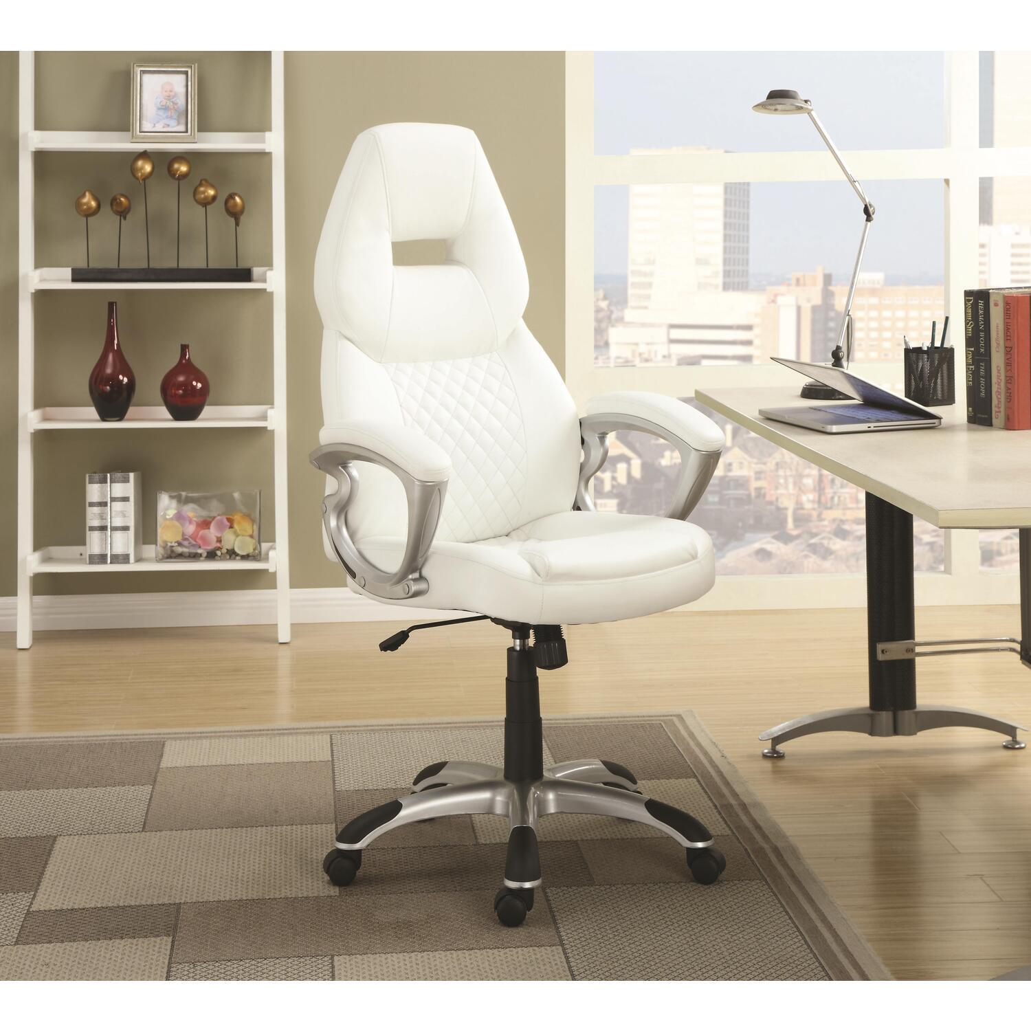 Office Chair - White Leatherette Desk Chair with Headrest & Adjustable Height