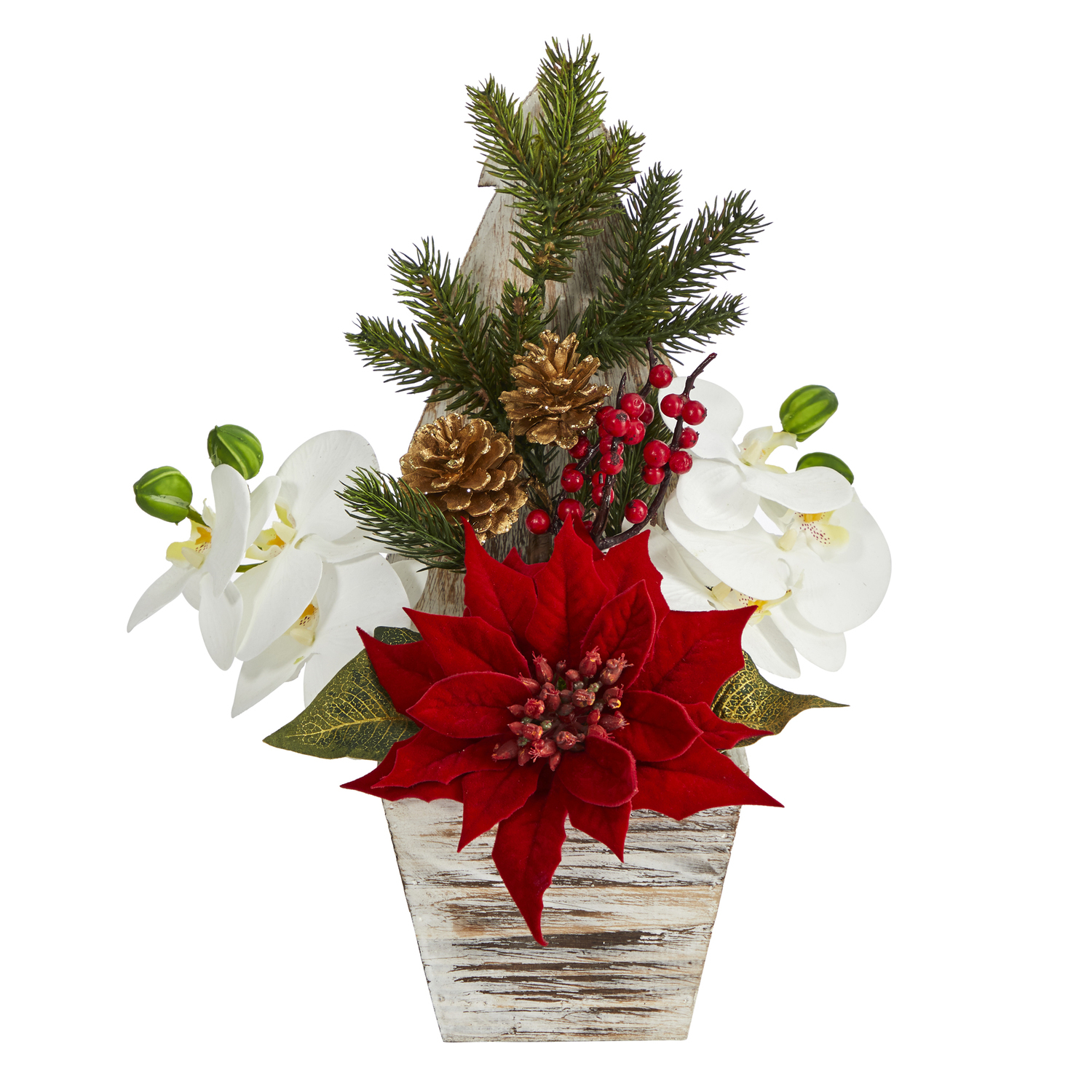 15In. Orchid Artificial Arrangement in Christmas Tree Vase - Seasonal Greenery and Flowers for Holiday Decor, Arbol de Navidad
