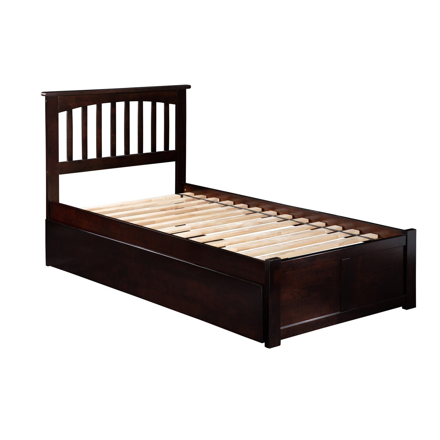 Twin Size Platform Bed with Trundle, USB Port - Espresso Finish, No Box Spring Needed, Modern Design