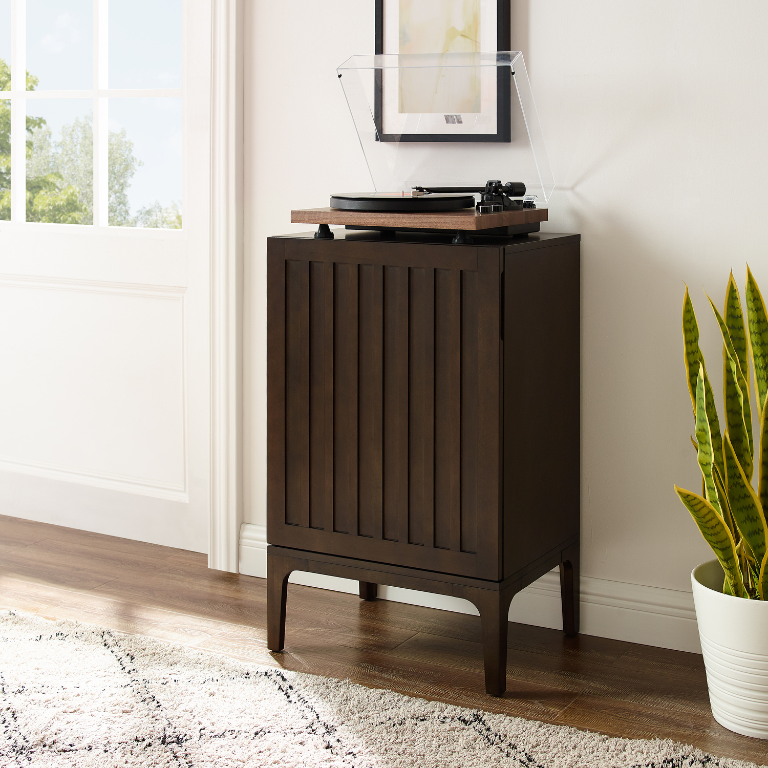 Record Storage Stand - Vinyl Record Cabinet, Media Storage Console - Modern Record Player Stand - Dark Brown Finish