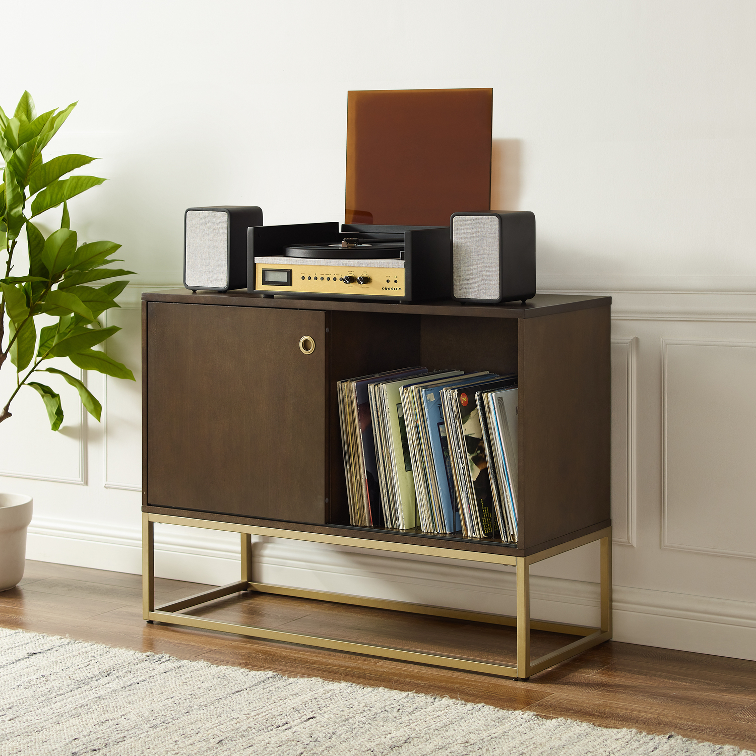 Media Console - Modern Record Storage Cabinet with Adjustable Shelf & Metal Base - 40