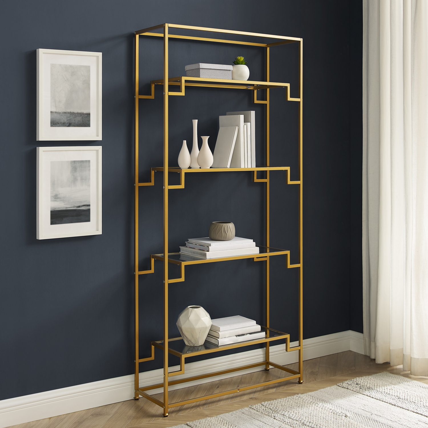 Artistic Accomplishment Glass Etagere Bookcase in Gold, Tiered Shelving Storage Bookcase, Versatile Storage Bookshelf, Modern Bookcase
