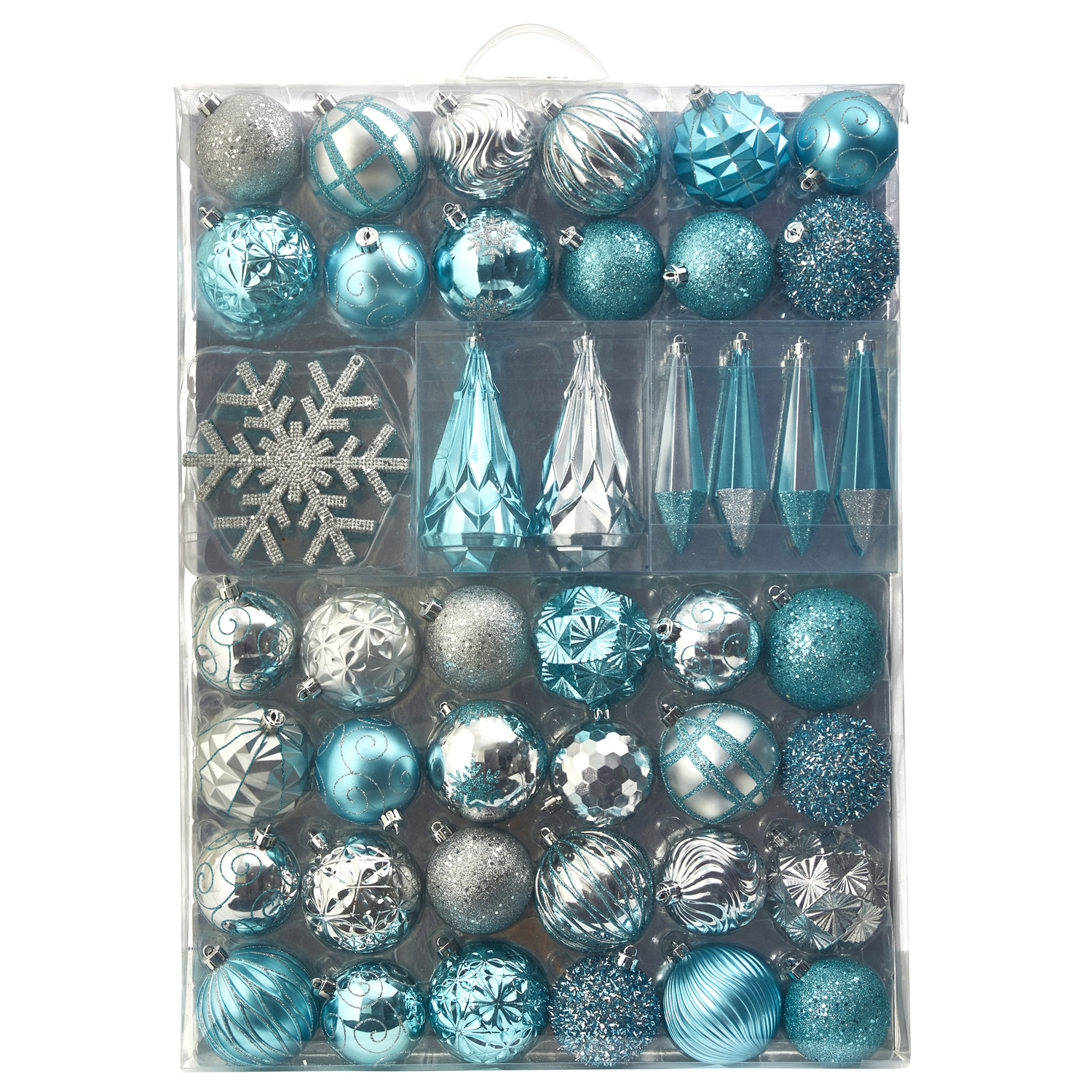 Holdiay-Themed Shatterproof 52 Count Christmas Tree Ornaments in Blue, Mixed Sizes 80mm to 150mm, with Reusable Tray