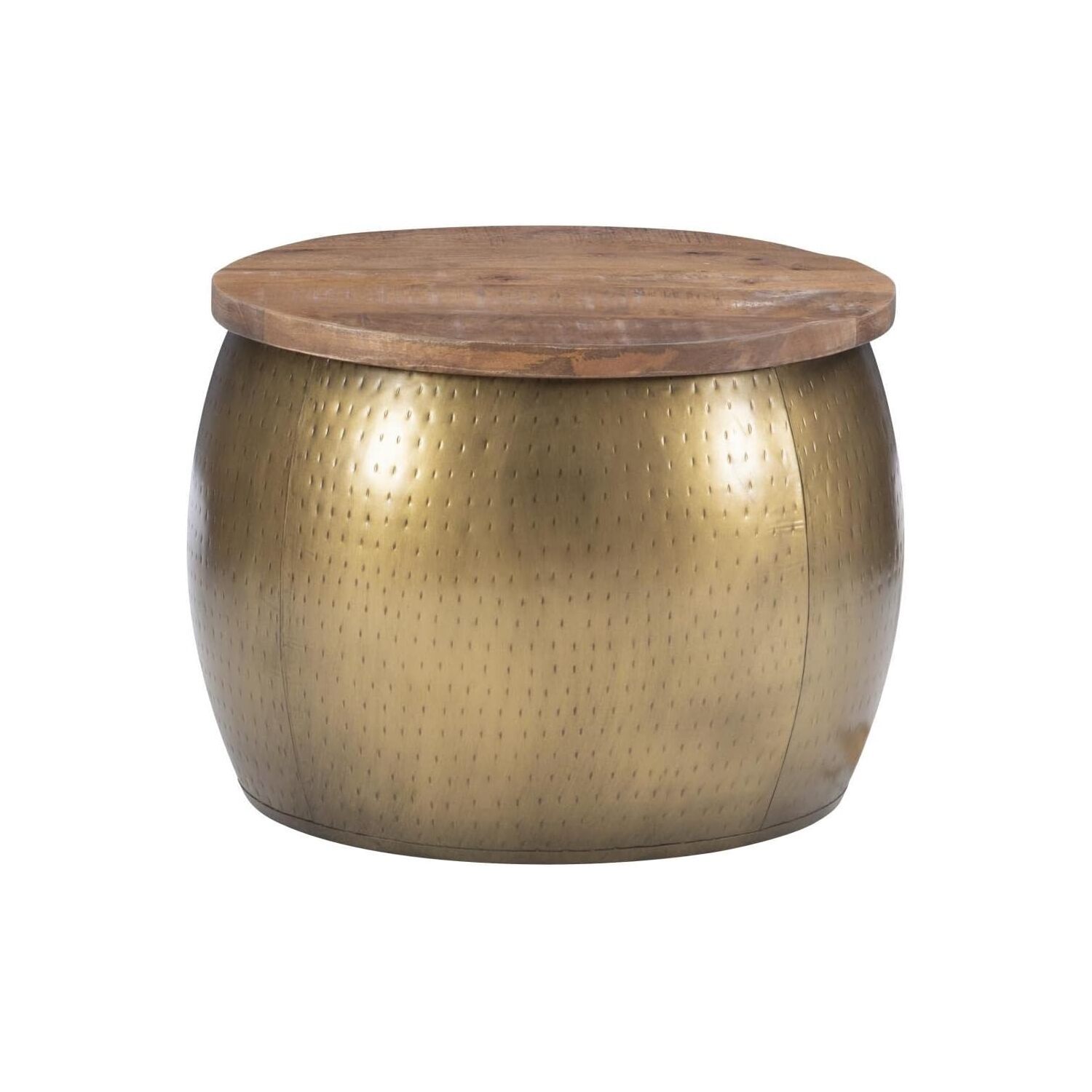 Homestock Renaissance Revival Large Brass Gold Drum With Storage, Hammered Metal, Mango Wood, Flip Top Closure, 27.5