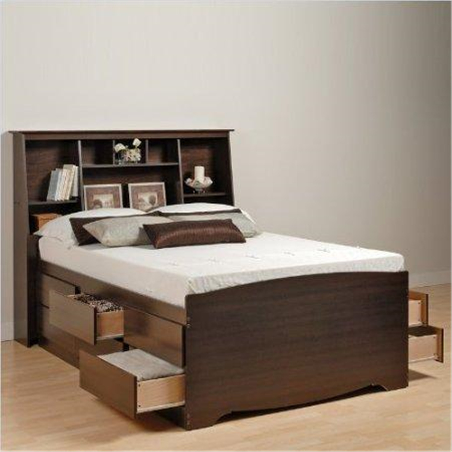 Prepac Manhattan Tall Queen Bookcase Platform Storage Bed In