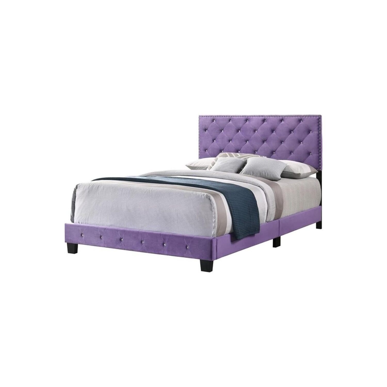 HomeStock Gothic Grandeur Bed in Luxurious Purple Velvet Upholstery with Deep Tufted Headboard and Footboard, Chrome Nail Head Accents, Faux Jeweled Tufting