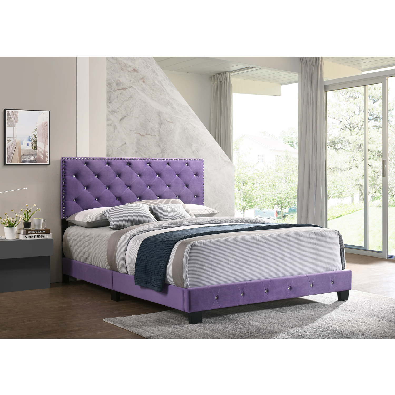 HomeStock Gothic Grandeur Bed in Luxurious Purple Velvet Upholstery with Deep Tufted Headboard and Footboard, Chrome Nail Head Accents, Faux Jeweled Tufting