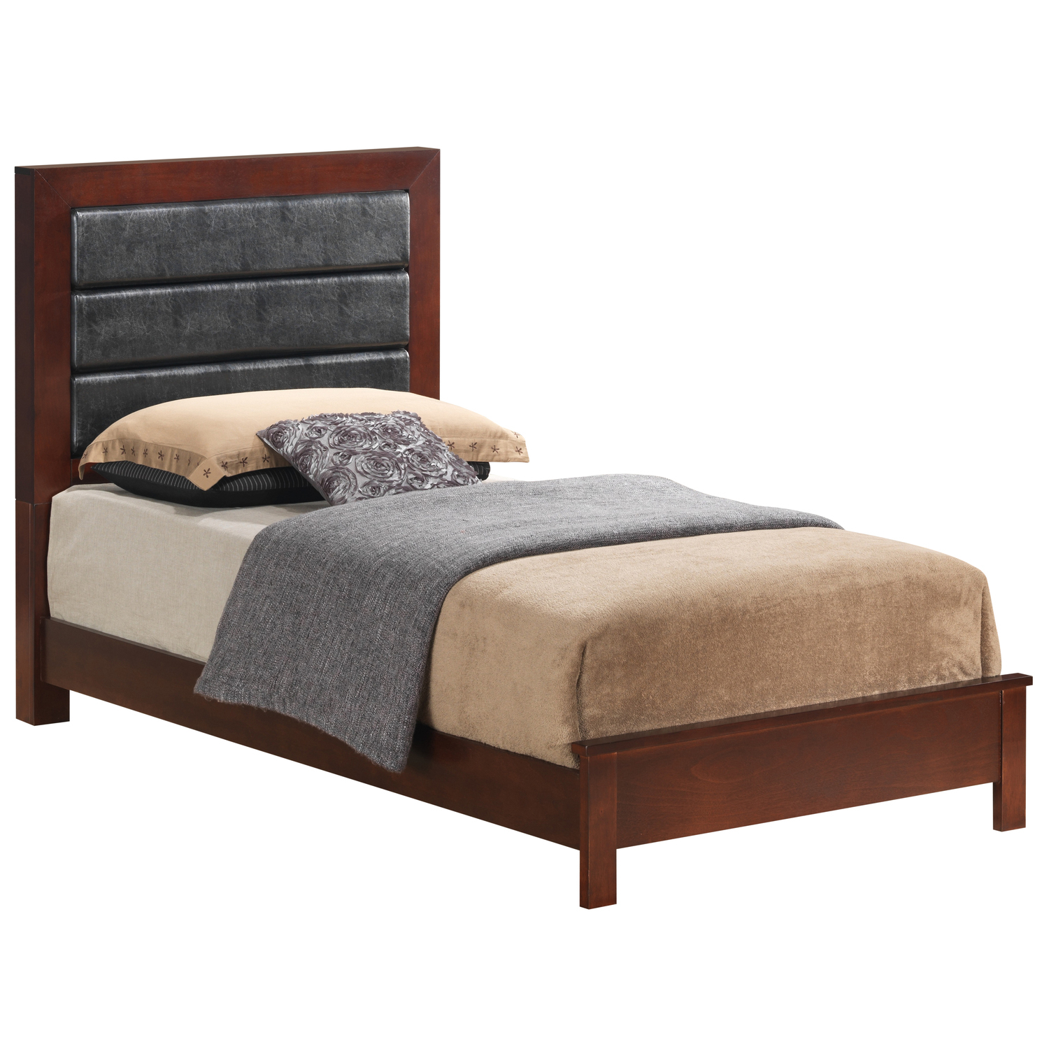Twin Bed Southwestern Style, Faux Leather Platform Bed Frame, Cherry Finish