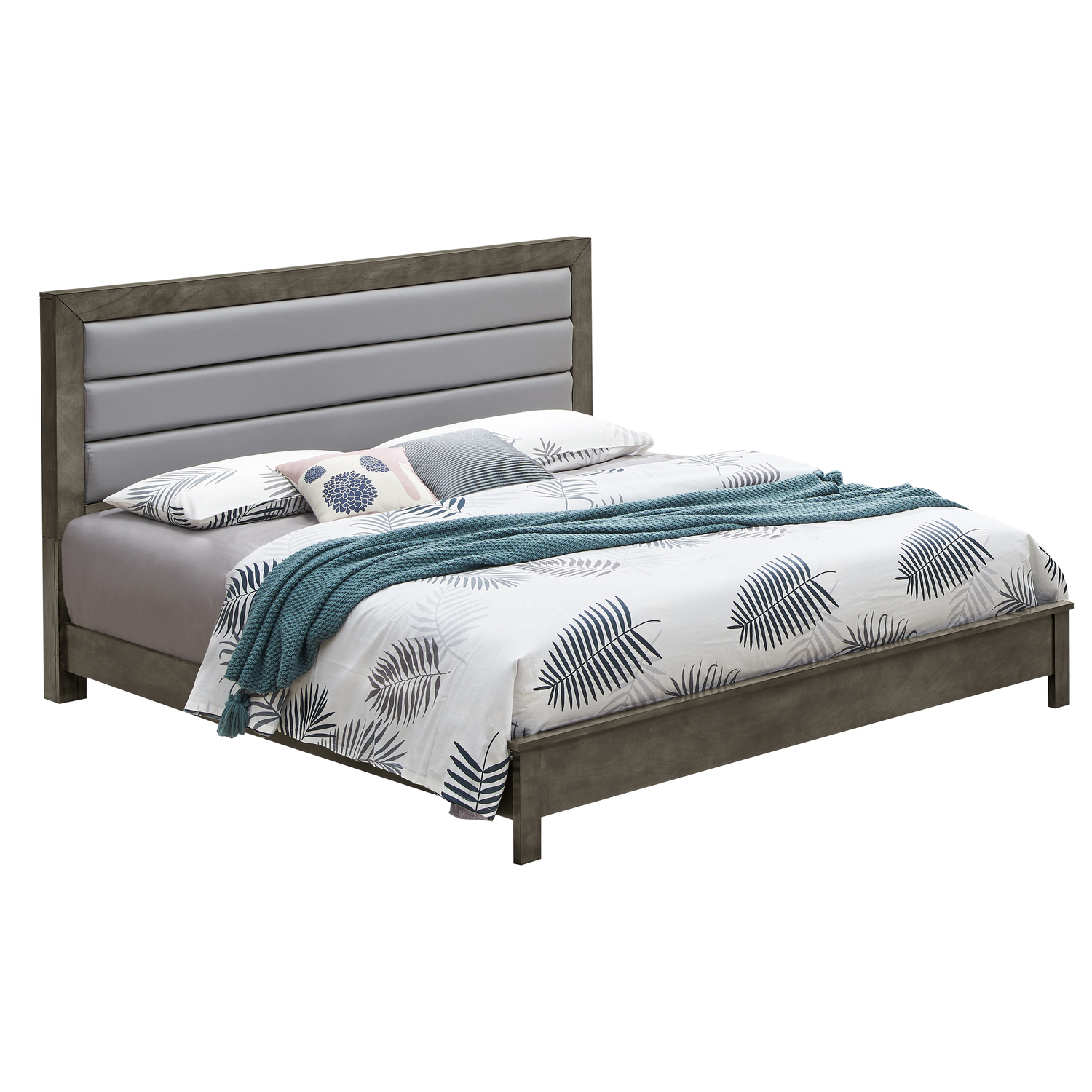 Queen Bed Frame with Padded Headboard, Gray Upholstered Platform Bed