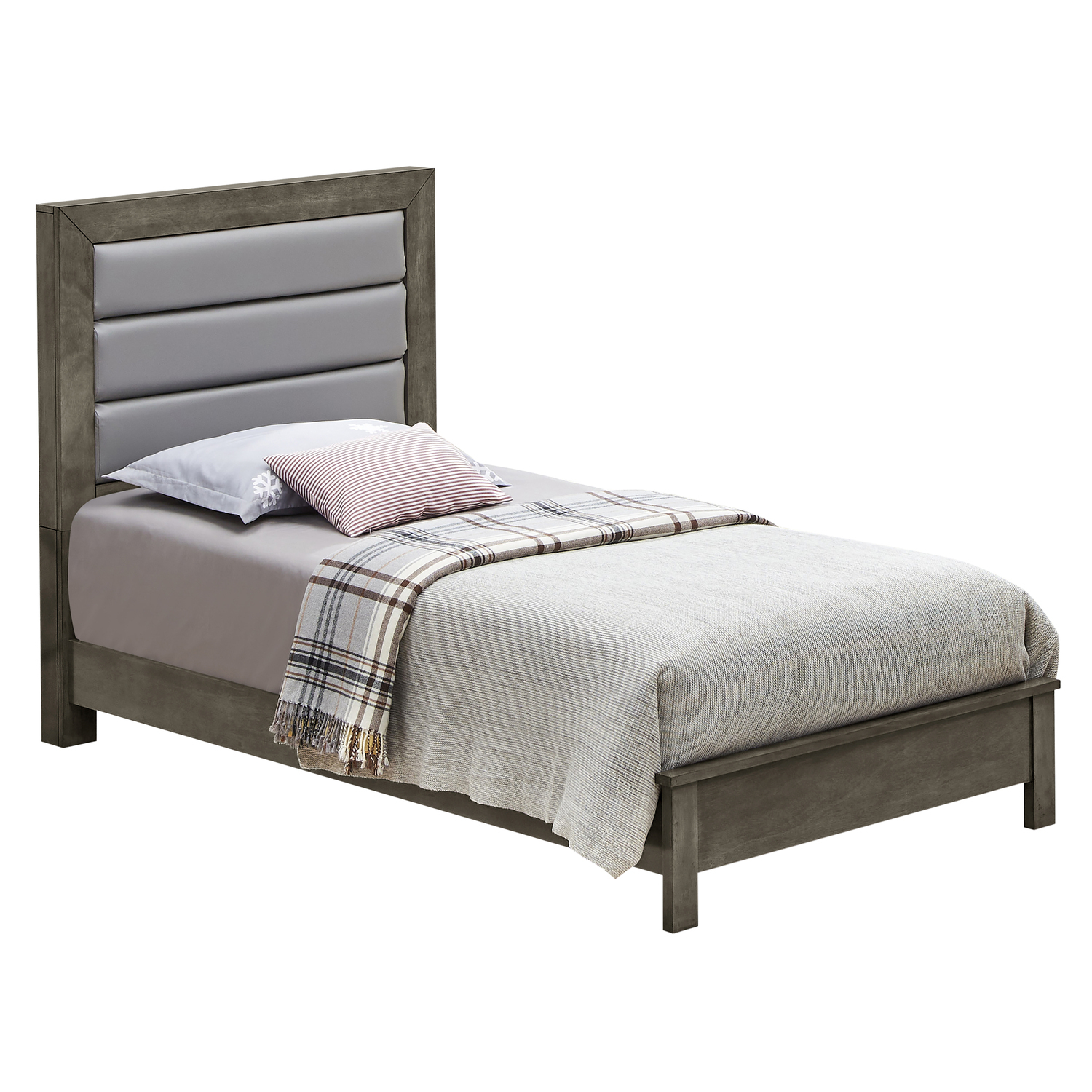 Twin Bed Glam Faux Leather Platform Bed Gray Modern Bedroom Furniture