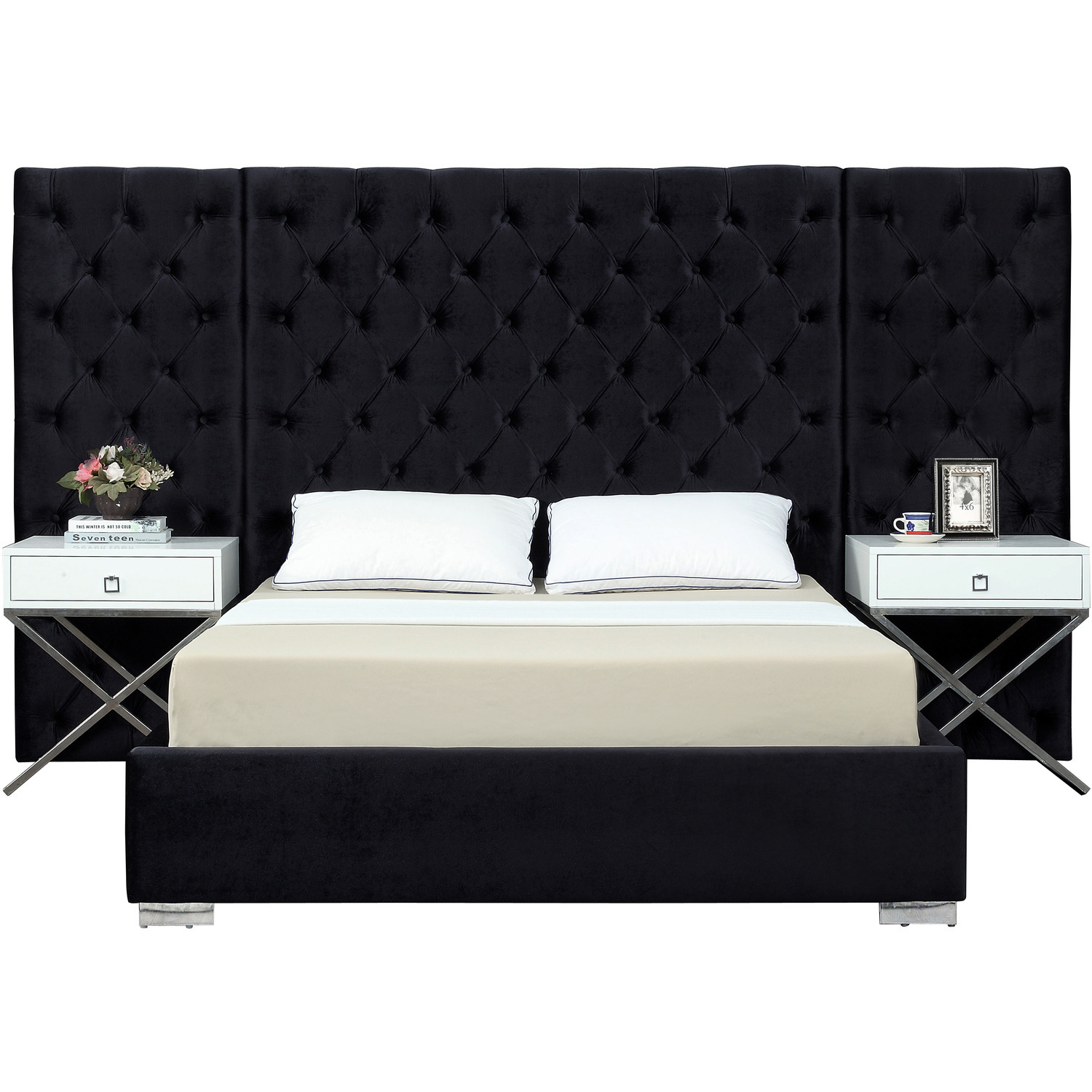 Queen Bed Velvet Black Button Tufted, Elegant Upholstered Platform Bed Frame for Bedroom
