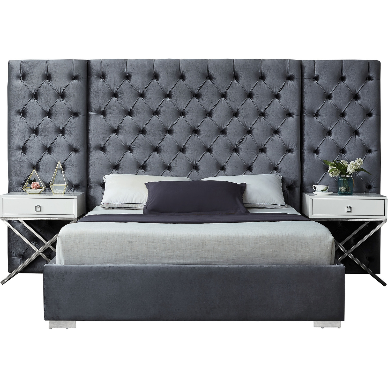 King Size Bed Grey Velvet Upholstered Platform Bed Frame Modern Bedroom Furniture