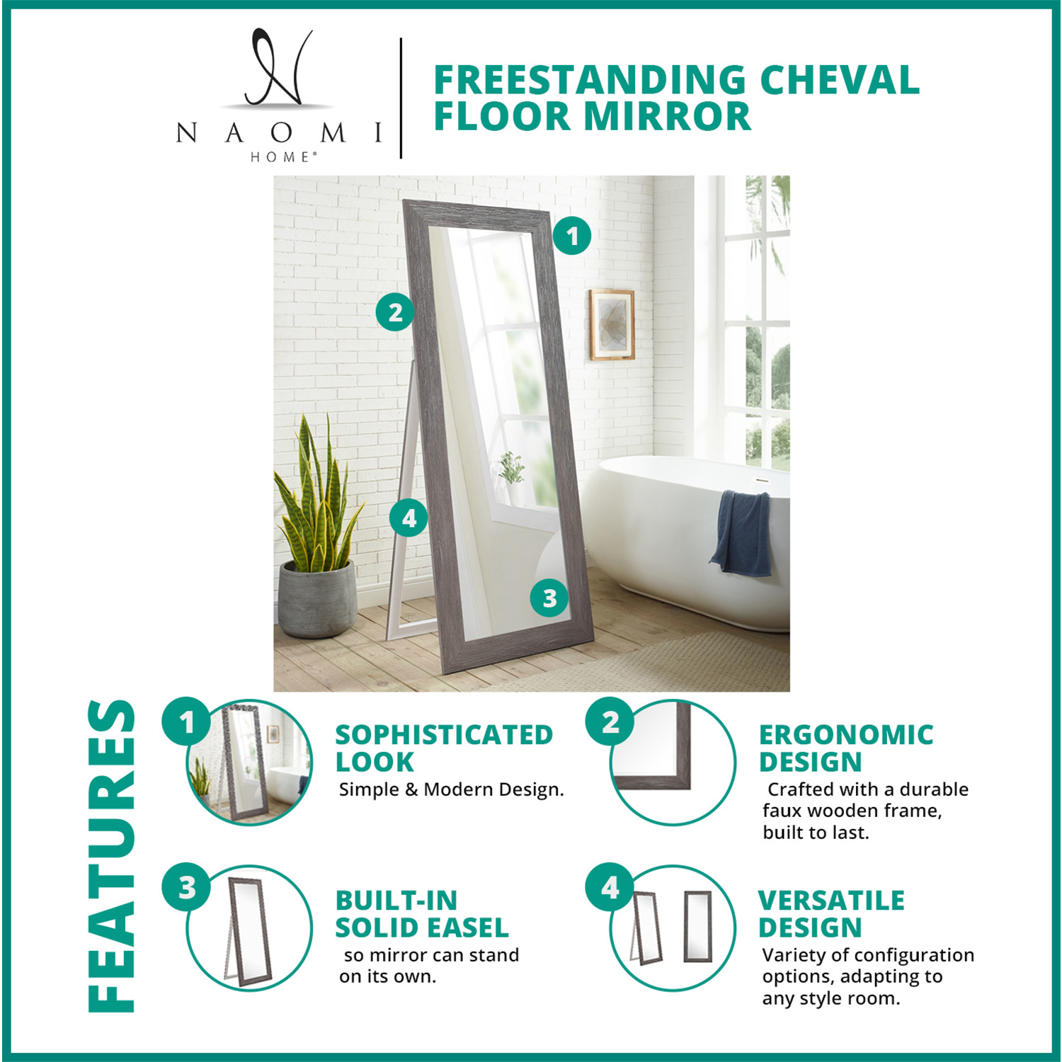 Naomi Home FBA_65004 Freestanding Cheval Floor Wood Mirror Espresso