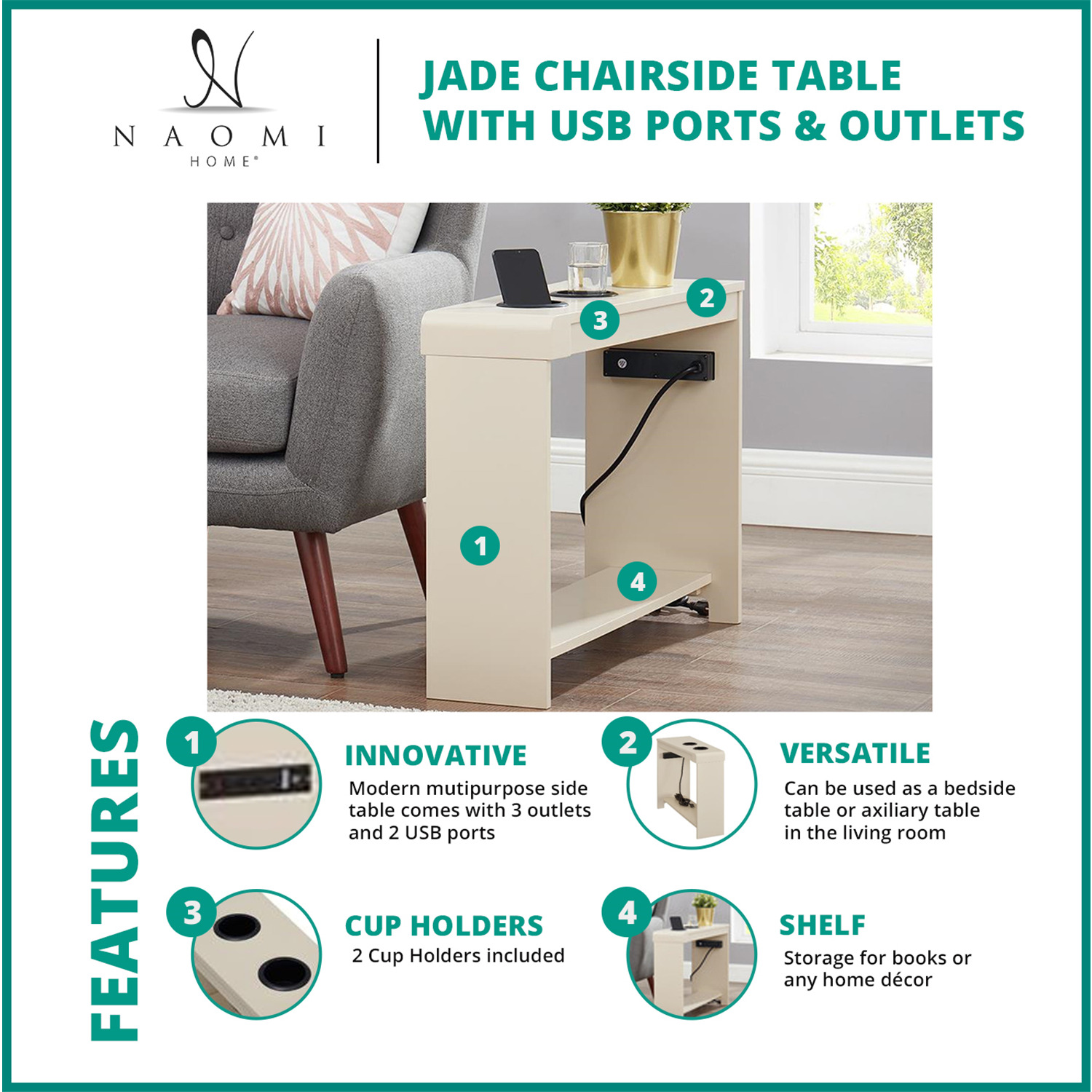 Jade Chairside Table with USB Ports & Outlets by Naomi Home Cream