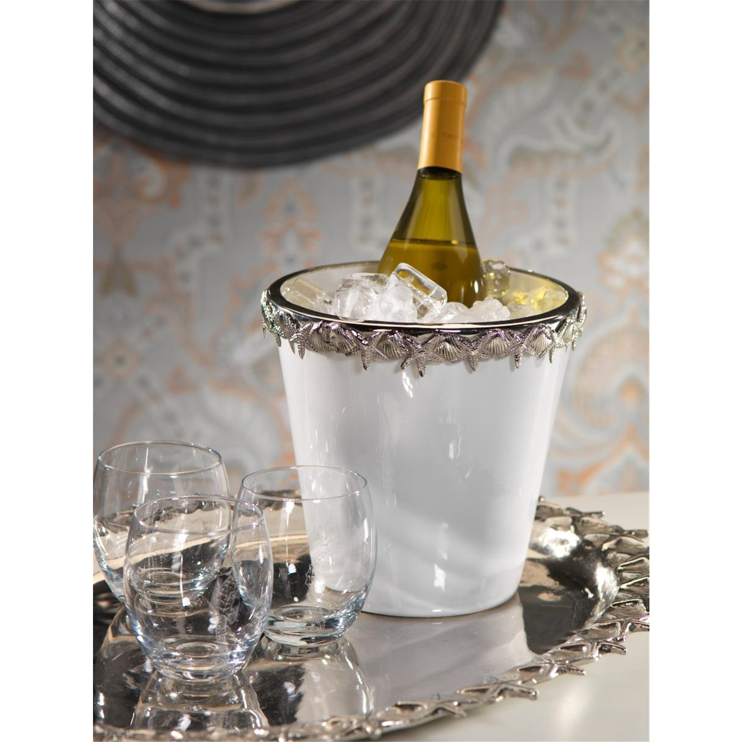 White Ceramic Wine Cooler with Starfish Metal Trim