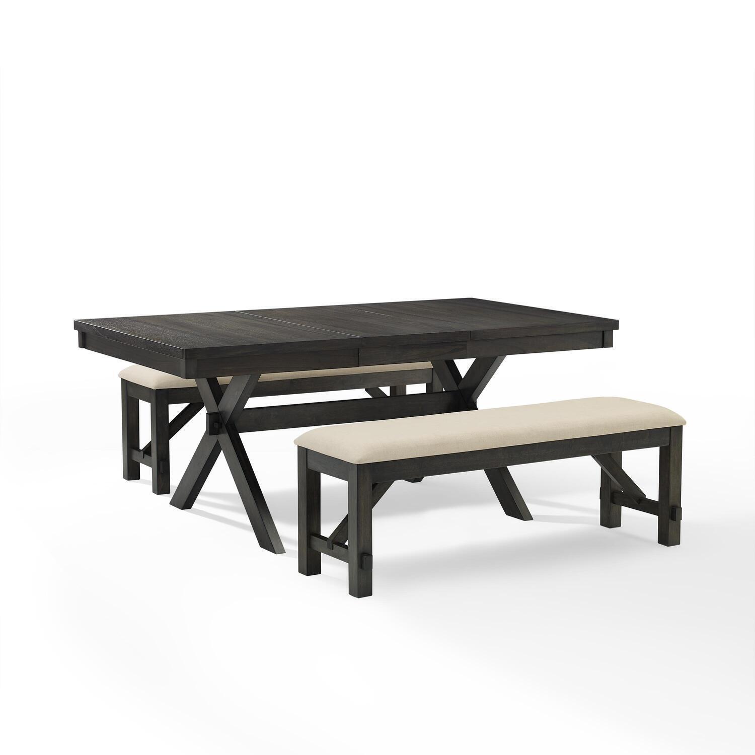 Modern Farmhouse Dining Set - 3 Piece Table & Bench Set - Slate Finish - Extendable Dining Table