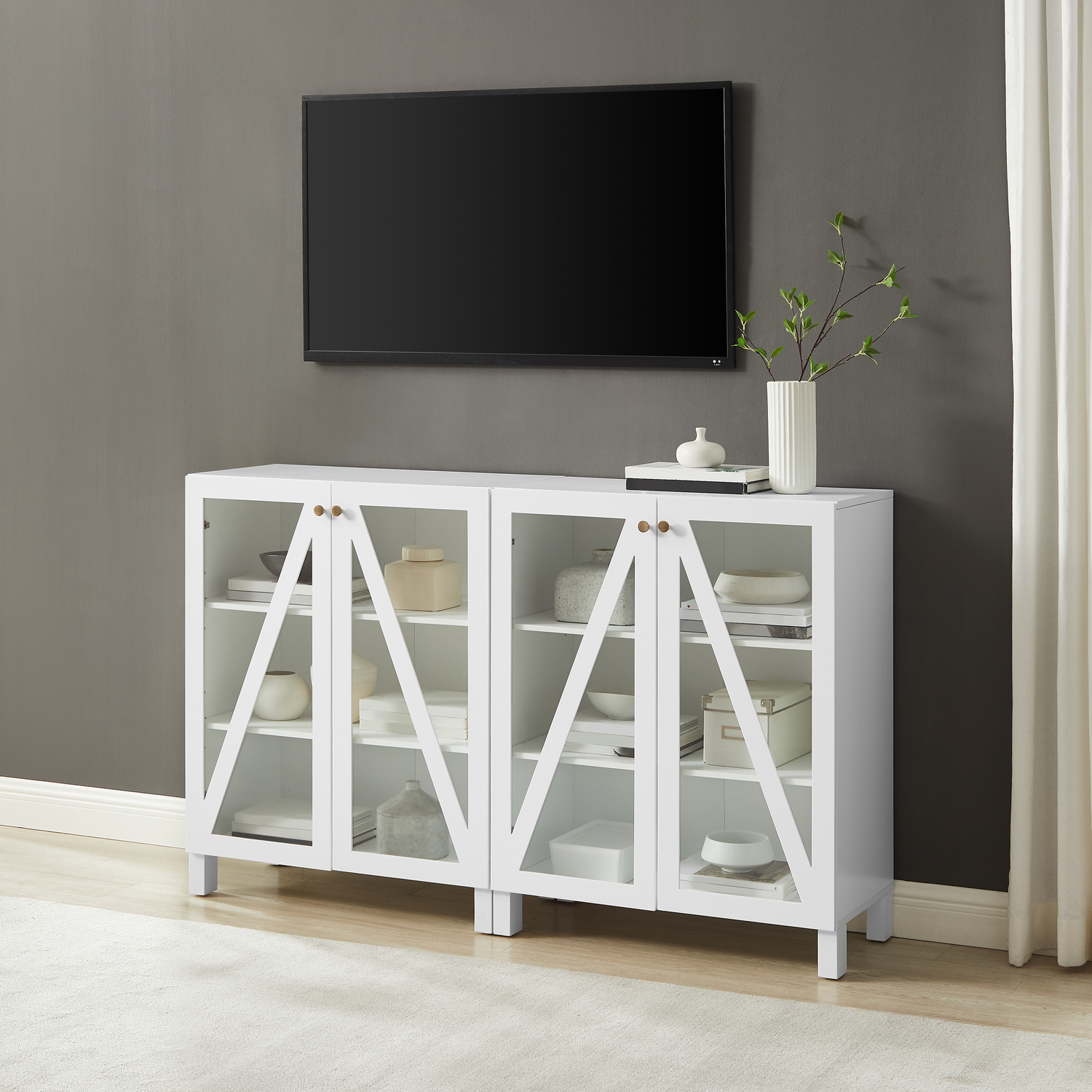 Media Storage Cabinet Set - TV Stand with Shelves & Pantries - Modern Farmhouse Design