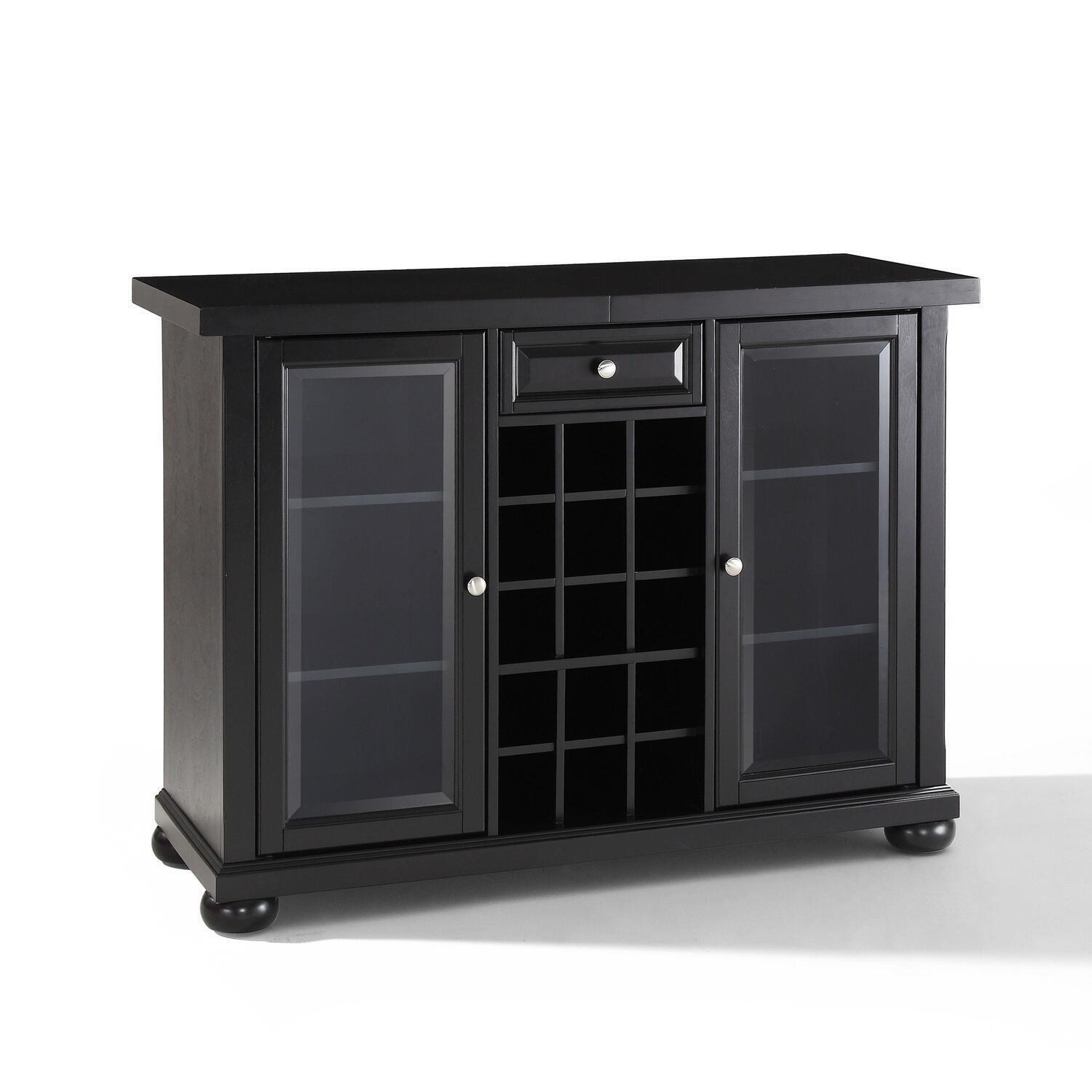 Retro Bar Cabinet with Sliding Top - Black Wood Bar - Tempered Glass Door - Adjustable Shelves & Wine Rack