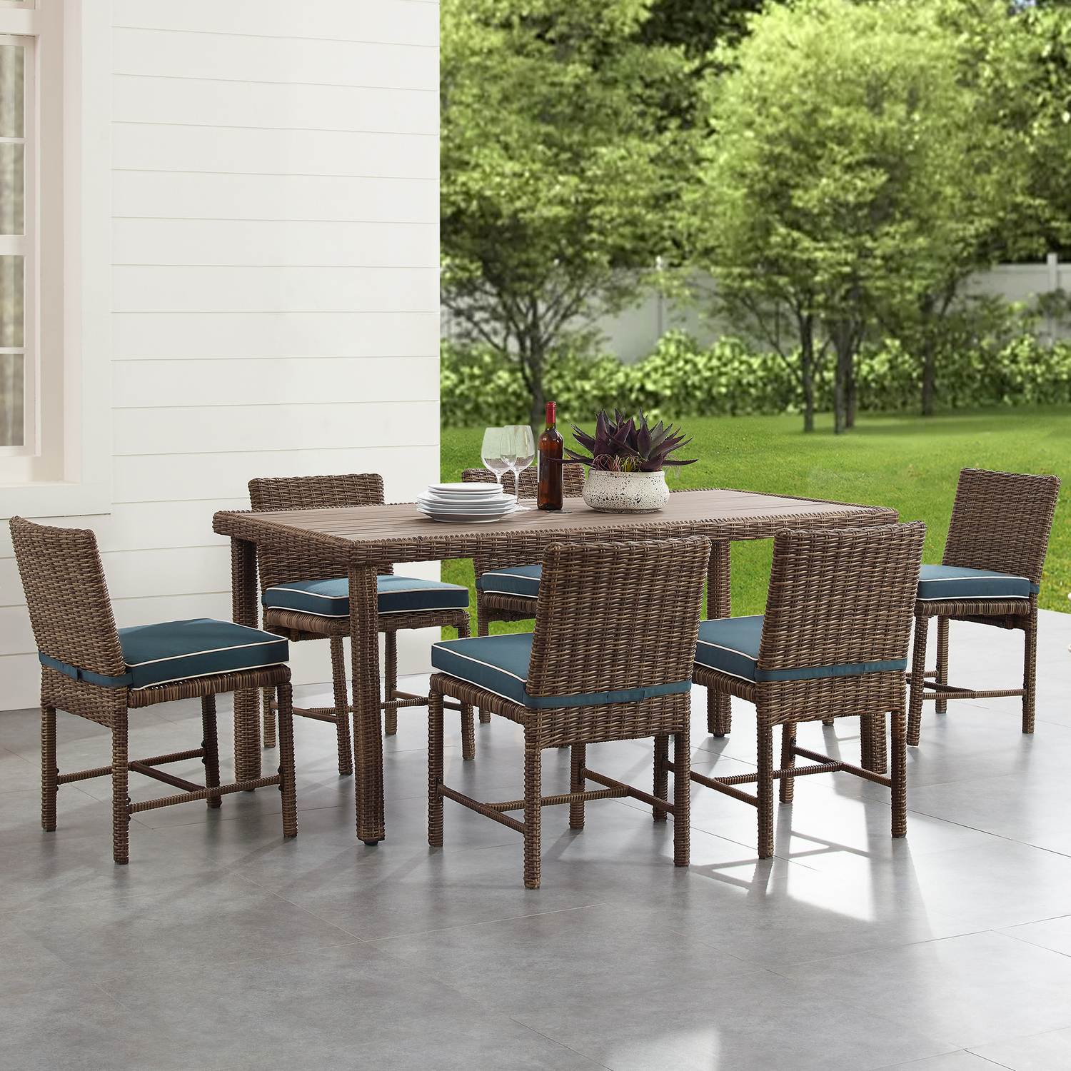 French Country 7 Piece Outdoor Wicker Dining Set Navy/Weathered Brown - Dining Table & 6 Dining Chairs, Adjustable Levelers on Patio Chair Legs, 87 x 121 x 31.5 inches
