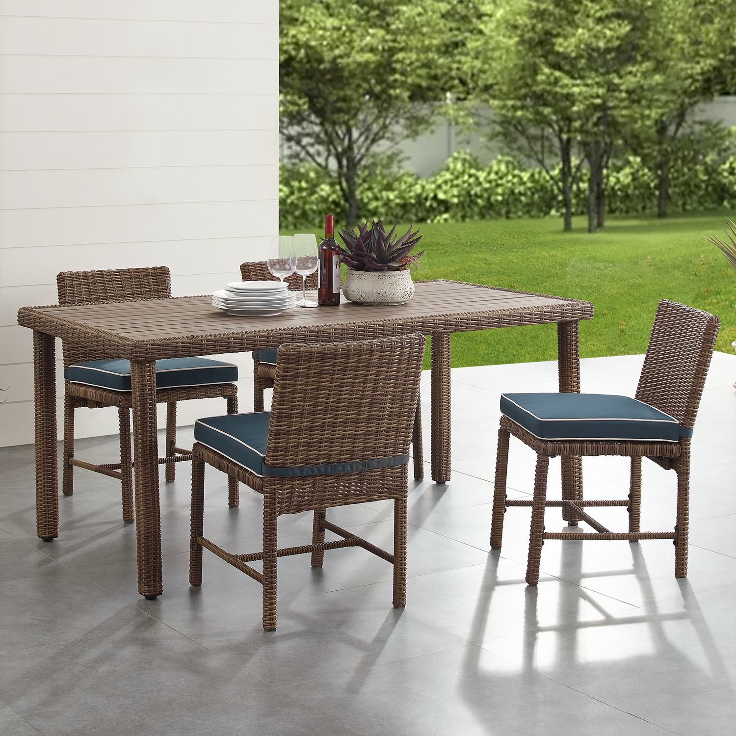 Sophisticated Simplicity 5Pc Outdoor Wicker Dining Set Navy/Weathered Brown - Dining Table & 4 Dining Chairs
