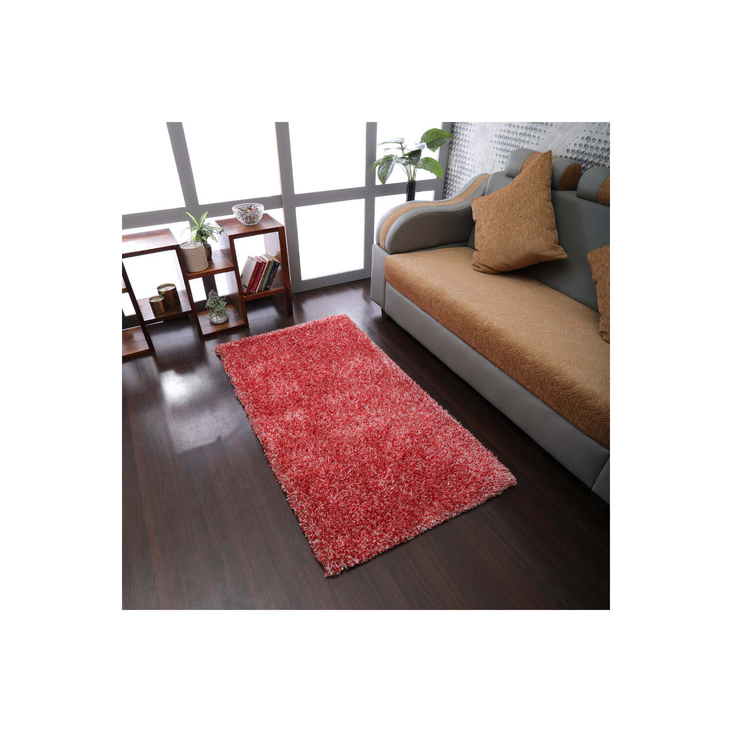 Hand Tufted Shag Polyester 6'x9' Area Rug Solid Red White