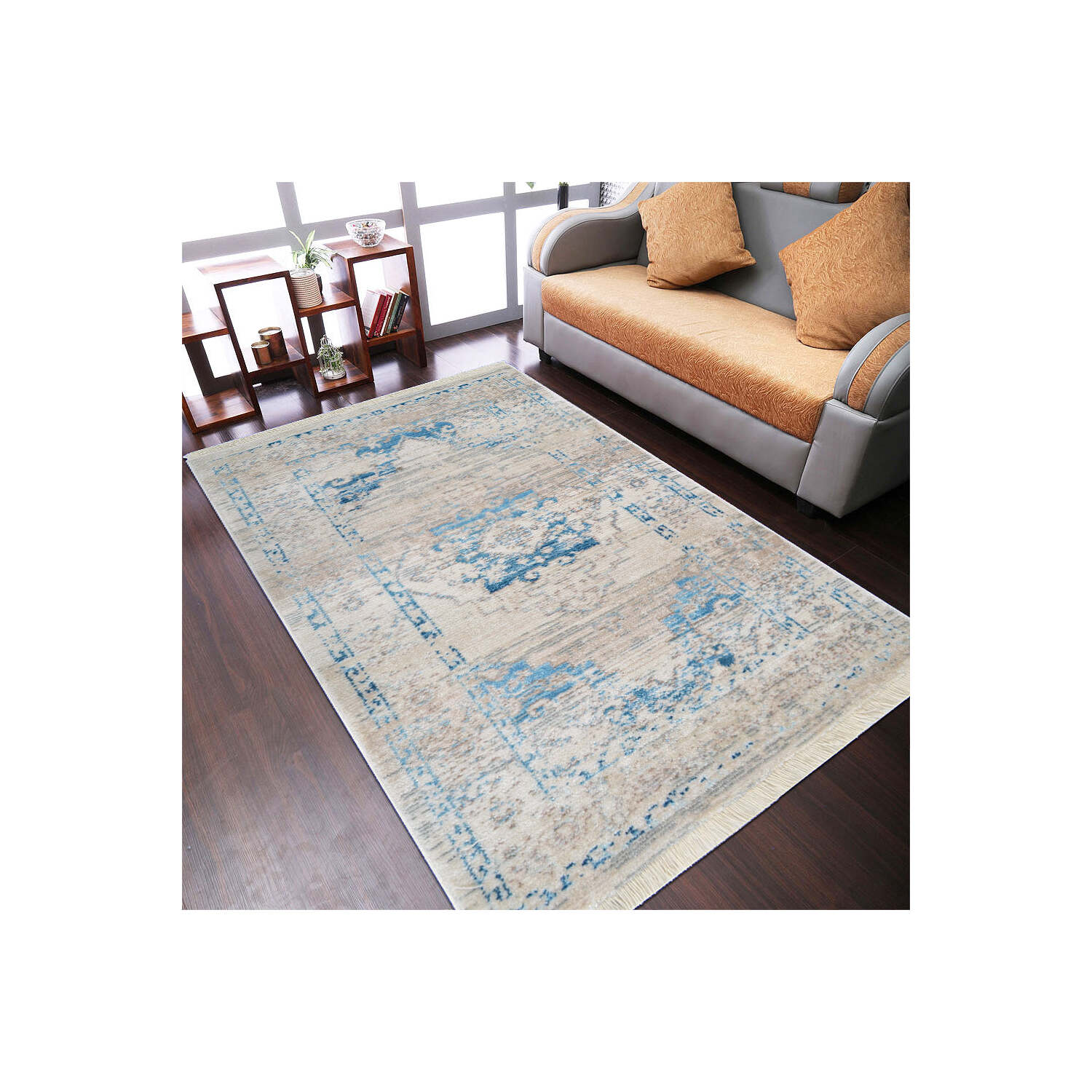 Machine Woven Crossweave Polyester 6'x9' Area Rug Oriental Ivory Blue