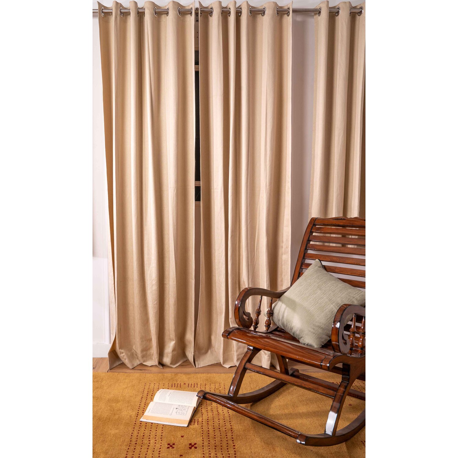 Decorative Grommet Curtains, 360 GSM Poly Cotton Jacquard Fabric, Plain Solid Textured, Beige, 48