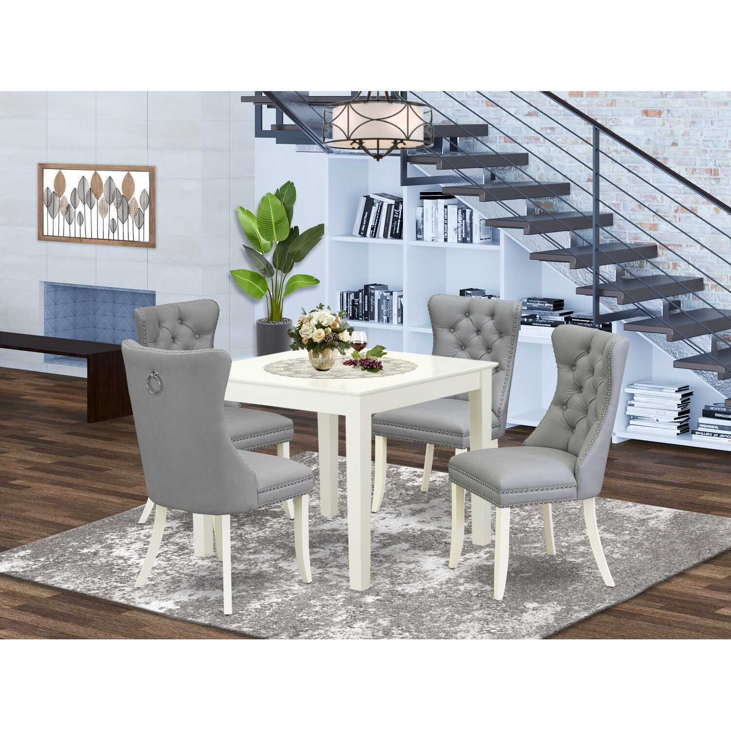 Modern 5 Piece Dining Set - Square Table & 4 Linen White Chairs