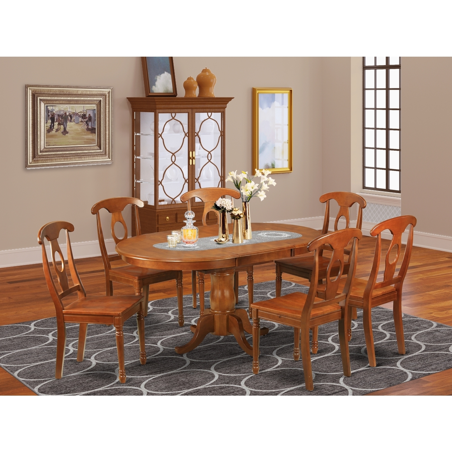 7 Piece Kitchen Table Set - Oval Dining Table with Butterfly Leaf & 6 Chairs - Saddle Brown