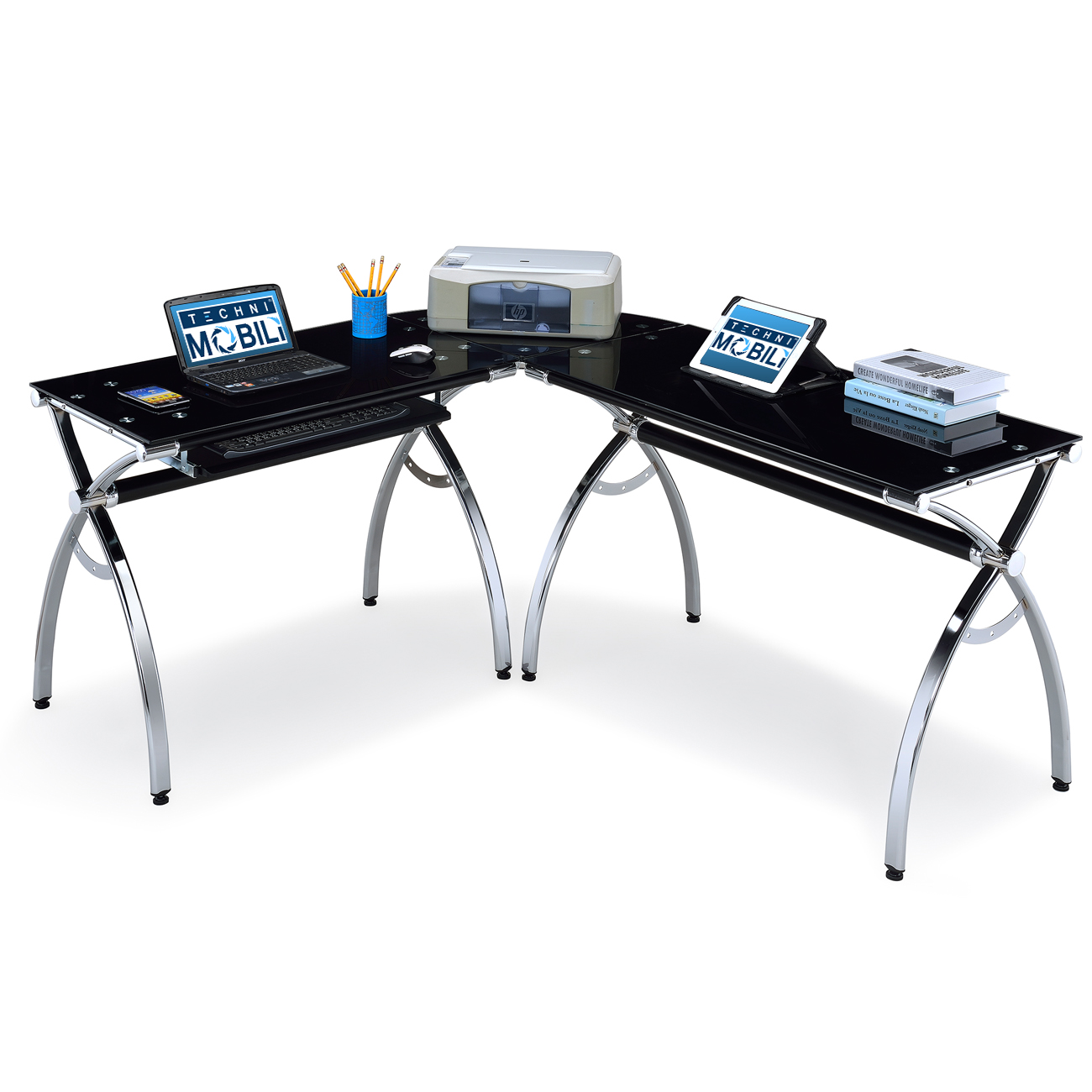 Techni Mobili LShaped Colored Tempered Glass Top Corner Desk With Pull