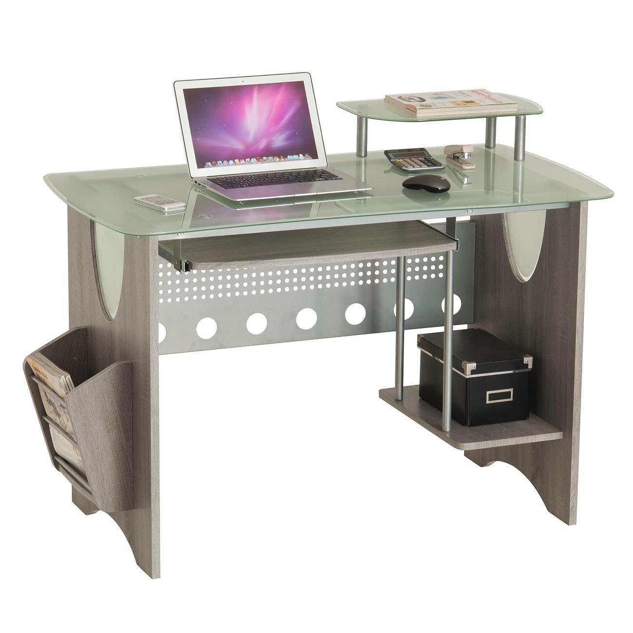 Techni Mobili Stylish Frosted Glass Top Computer Desk With Storage