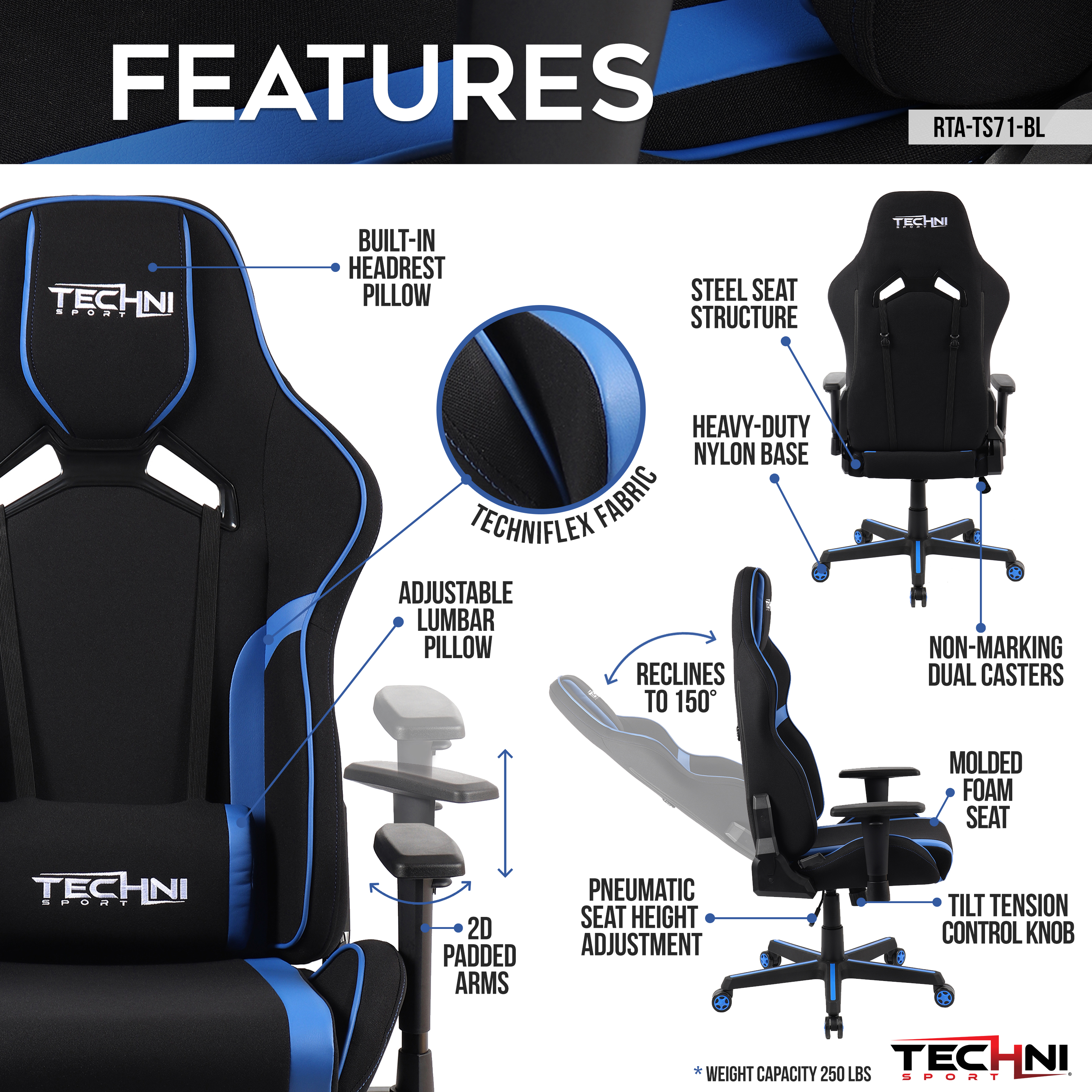 Techni Sport TSF71 Fabric OfficePC Gaming Chair, Blue 261.6700