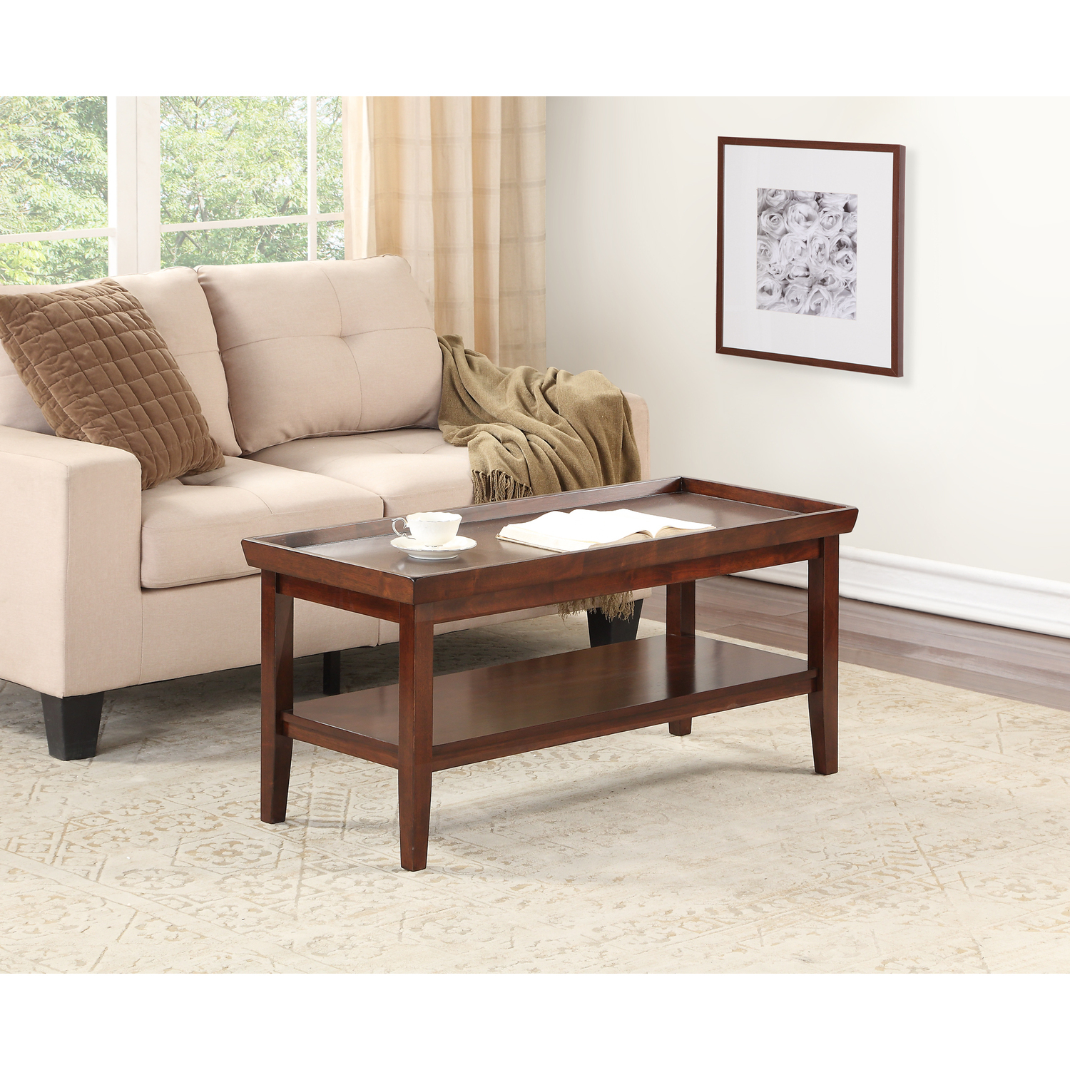 Rubberwood Coffee Table with Shelf - French Style Living Room Accent