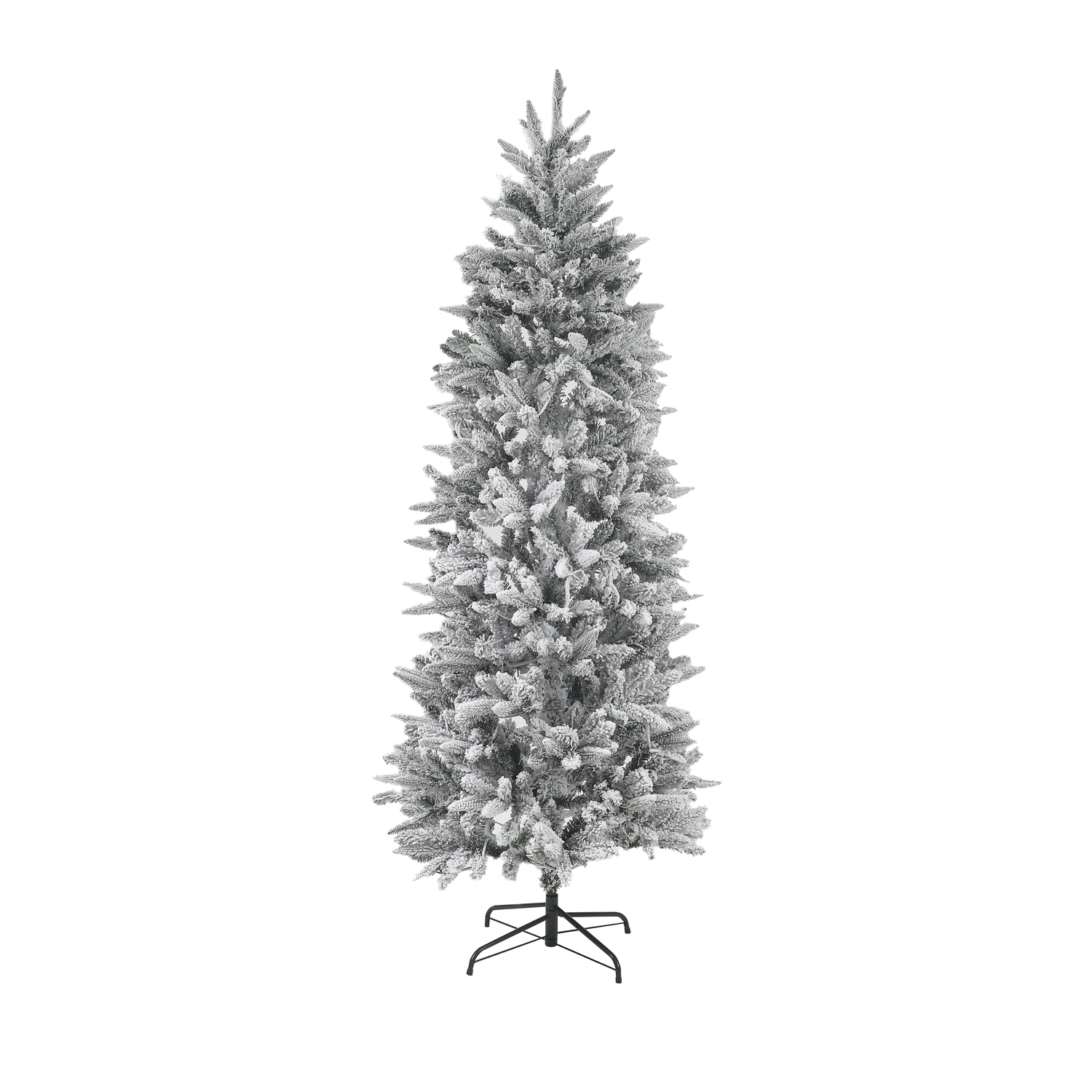 7ft Whispering Flocked Fir SlimPre-Lit Christmas Tree, Snow-Capped Artificial Christmas Tree with 250 String Lights
