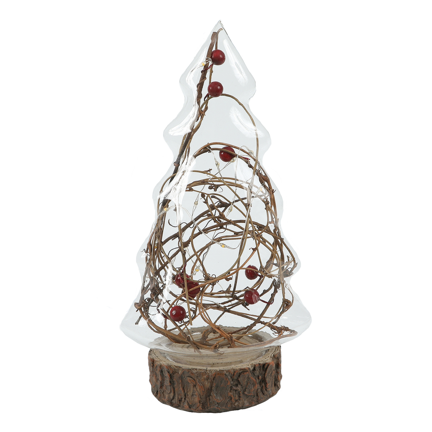 Antique Appeal Lighted Glass Christmas Tree With Red Berries And Branch Battery-Operated Tabletop Lantern