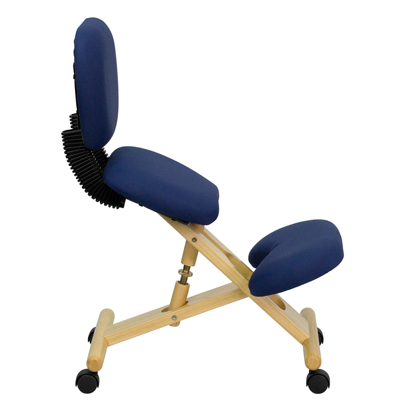 Mobile En Ergonomic Kneeling Posture Chair With Reclining Back In Fabric 16 W X 12 D Navy Blue Natural Wood Fabric Foam Metal Plastic Wood