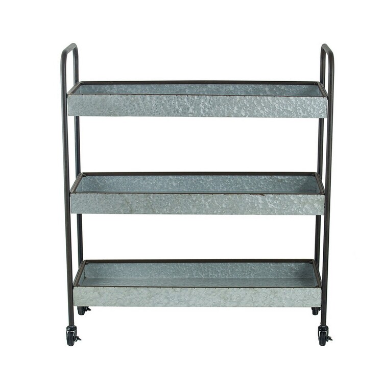 Benjara 40 Inch Metal Rolling Cart, 3 Tier Shelves, Caster Wheels, Galvanized Gray image - 1