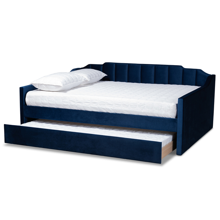 Baxton Studio Lennon Modern and Contemporary Navy Blue Velvet Fabric Upholstered Full Size Daybed with Trundle image - 1