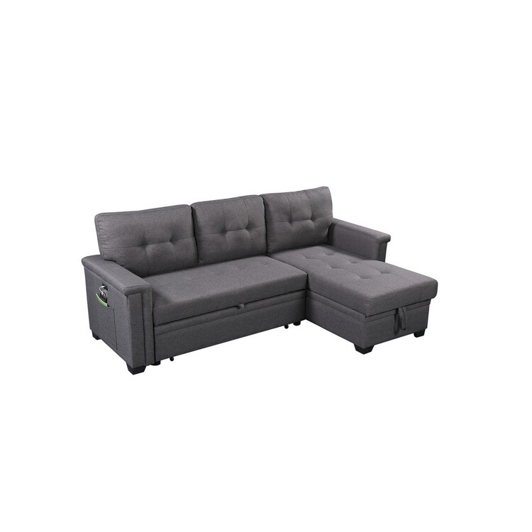 Benjara Fay 84 Inch Sectional Sofa Chaise with USB Port and Pull Out Bed, Dark Gray image - 1