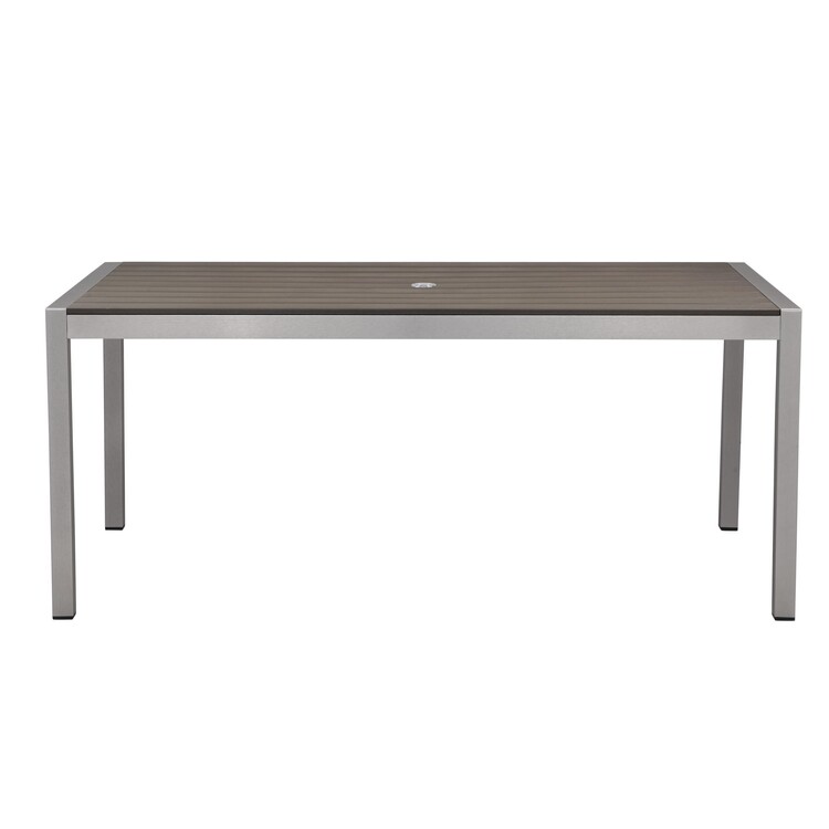 Benjara Fifi 71 Inch Outdoor Dining Table, Polyresin Top, Silver Aluminum Frame image - 1